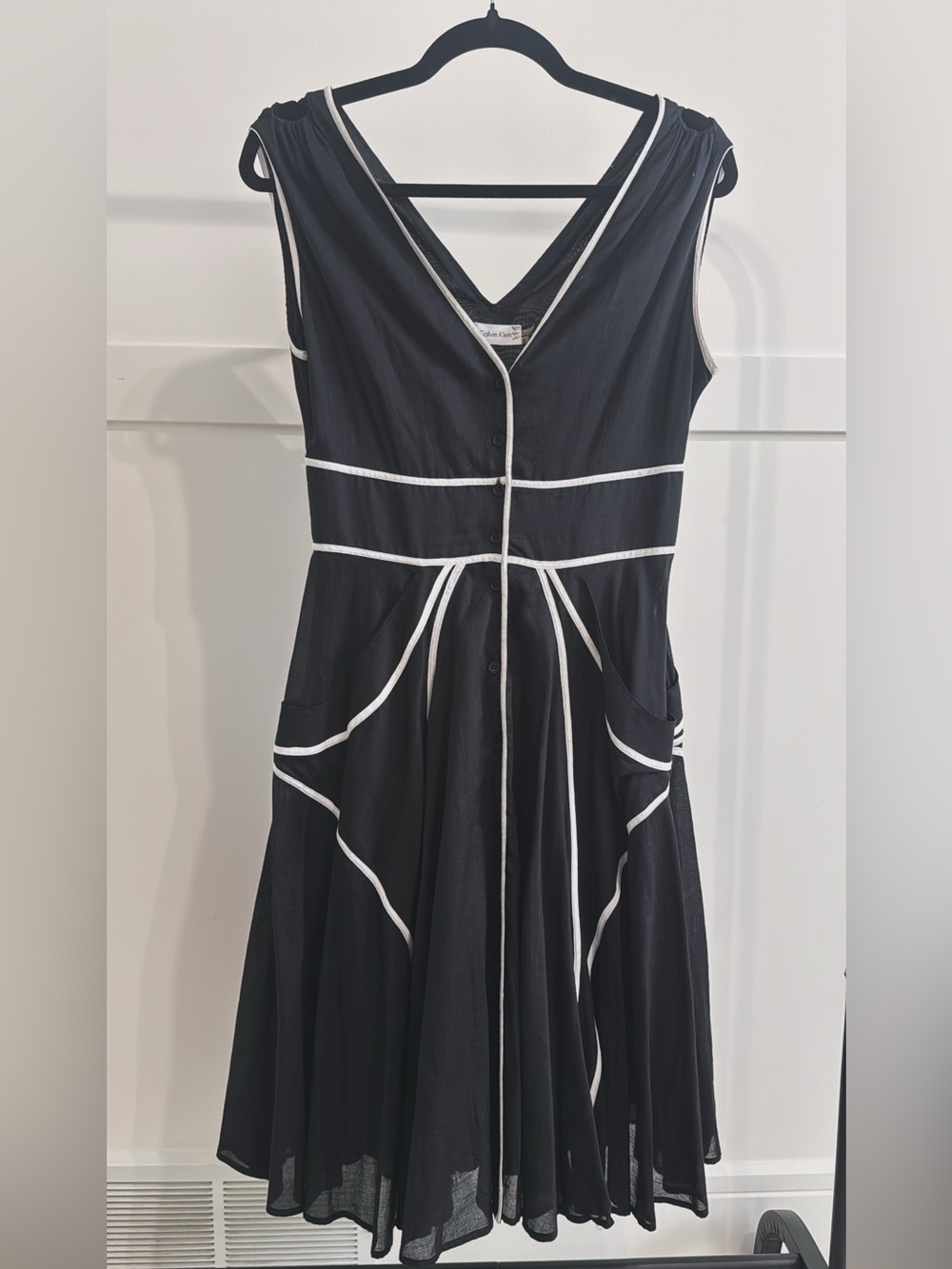 Vintage Calvin Klein Black Midi Dress with White Trim